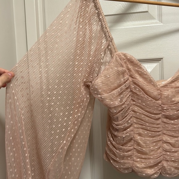 NWOT Nude pink corset style chiffon polka dot blouse with statement sleeves - Picture 3 of 4